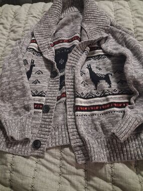 Kids Gray Shawl Collar Cardigan Sweater with Llama Pattern